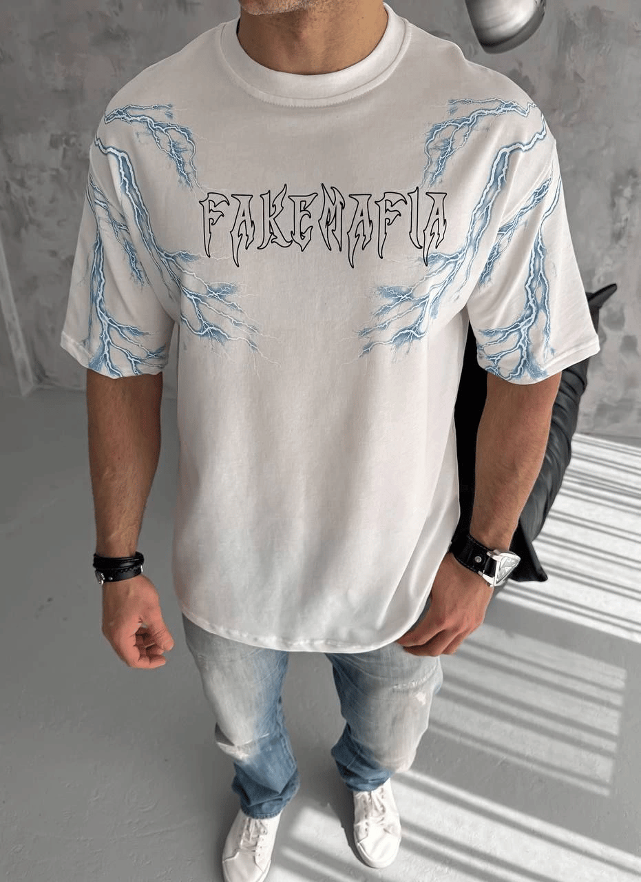 Erkek Bisiklet Yaka Yıldırım Baskılı  Kısa kol T-Shirt - Beyaz
