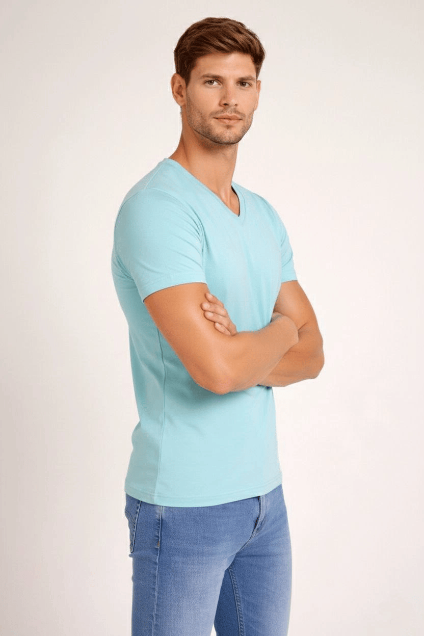 Erkek Body T-shirt V Yaka Slim Fit Likralı Kısa kol Tişört - Turkuvaz