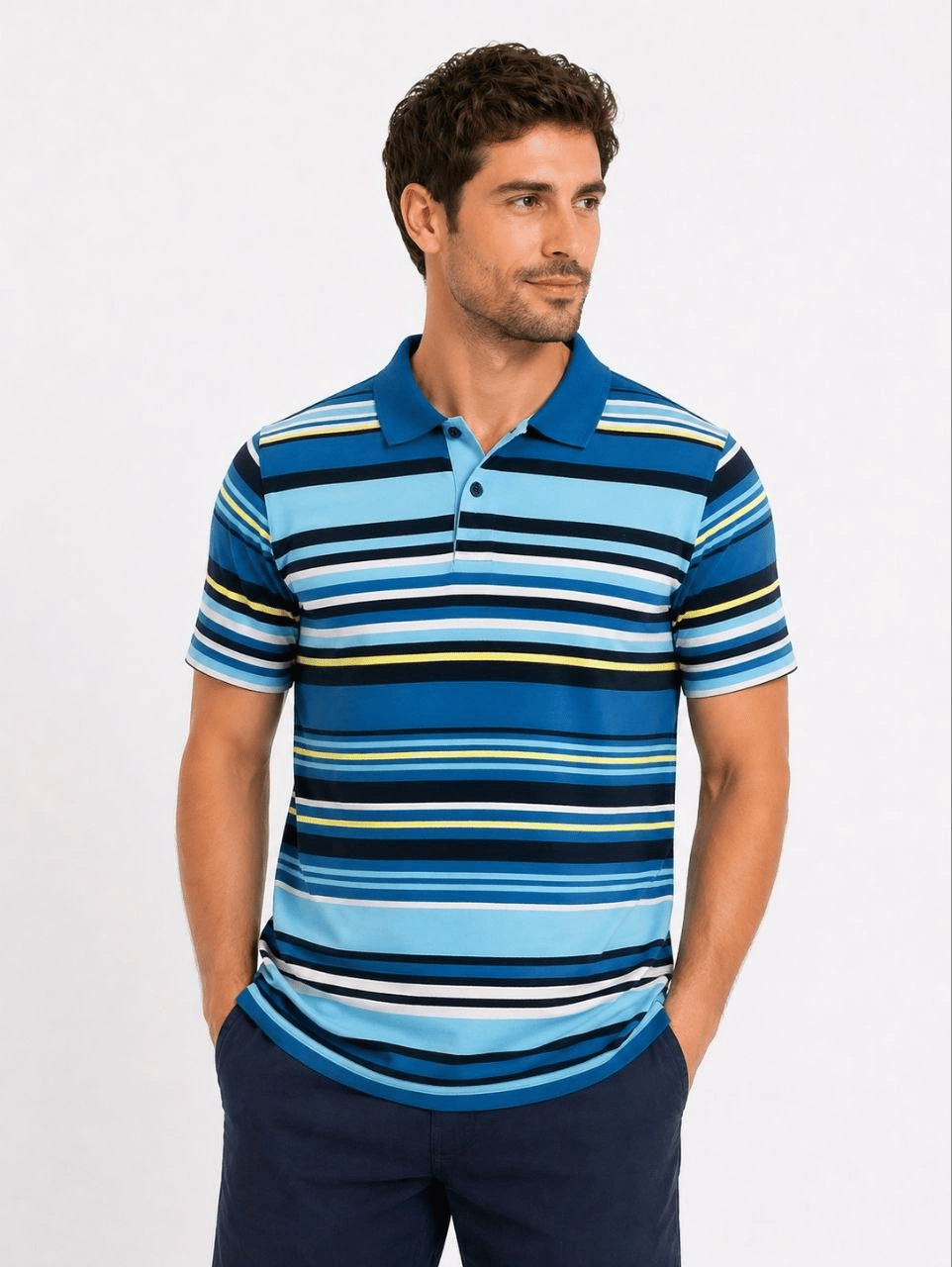 Erkek Çizgili Polo Yaka Tişört Kısa Kol Yazlık T-Shirt Regular Fit - Mavi