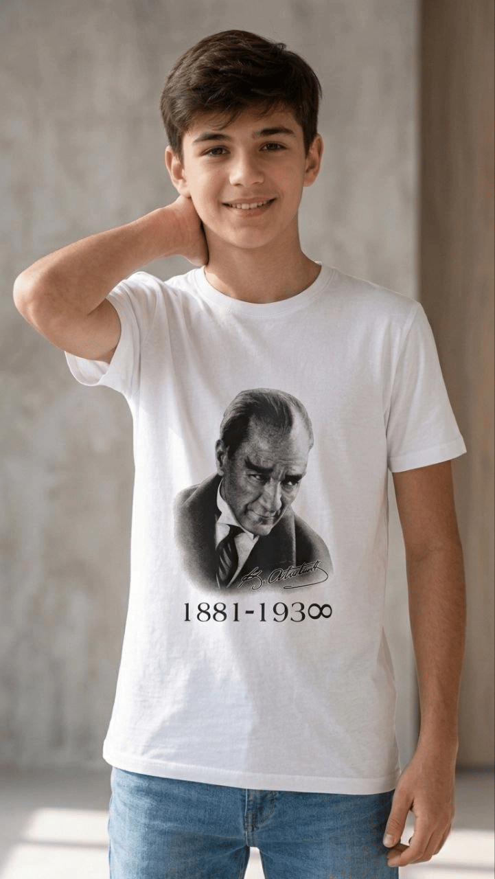 Erkek Çocuk Atatürk Baskılı Tişört Kısa Kollu Bisiklet Yaka T-Shirt - Beyaz