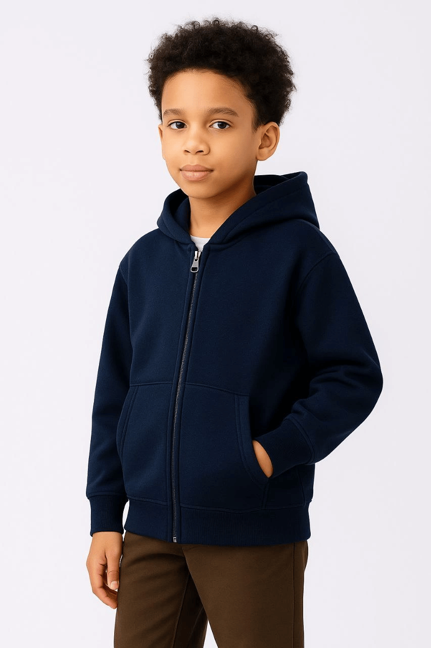 Erkek Çocuk Kapüşonlu Kanguru Cepli Tam Fermuarlı Hırka SweatShirt - Lacivert