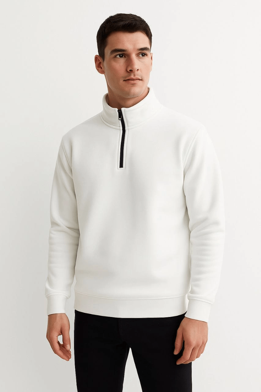 Erkek Dik Yaka Yarım Fermuarlı 3 İplik Pamuklu Sweatshirt - Beyaz