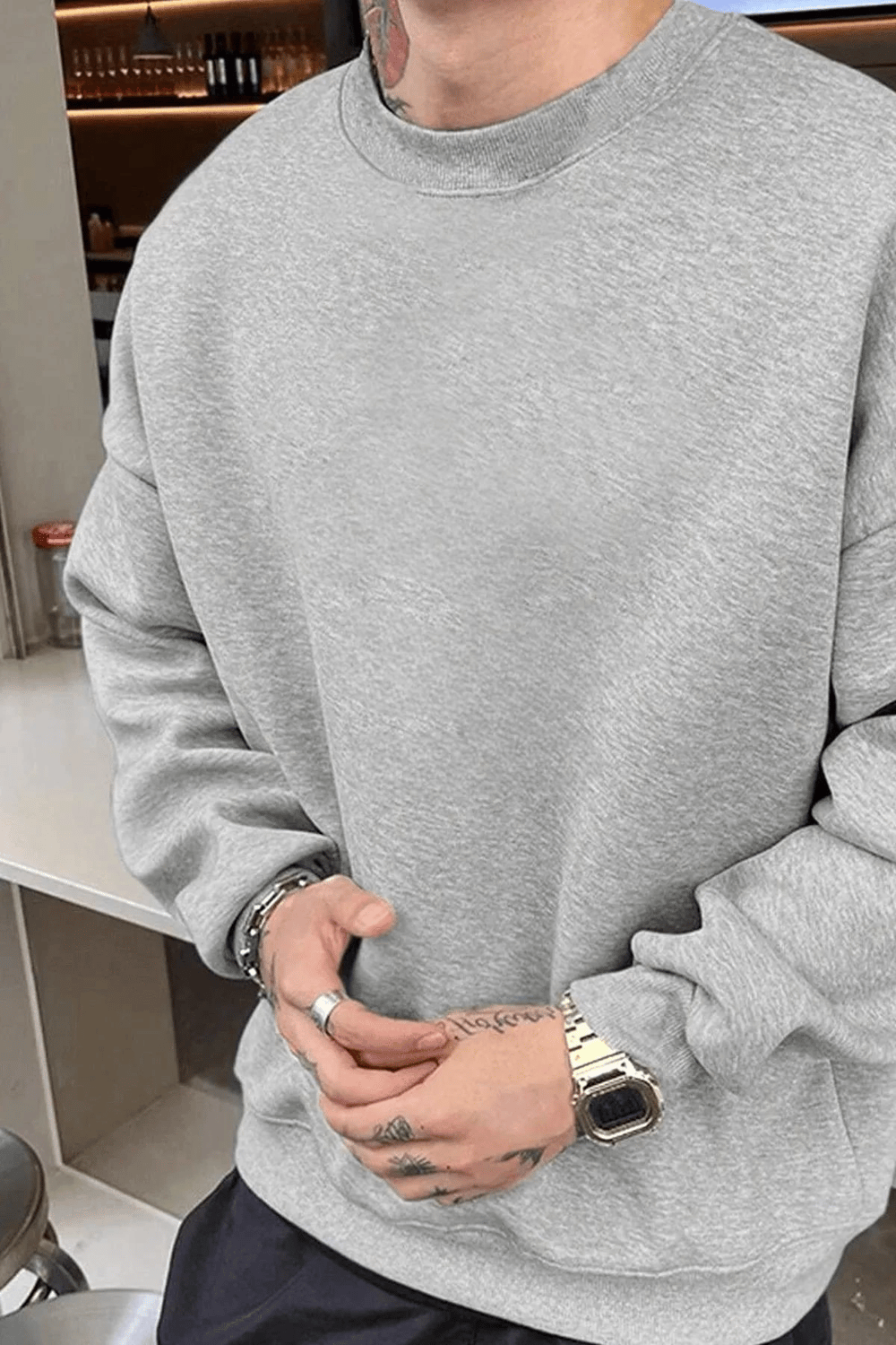 Erkek Düz Bisiklet Yaka 3 iplik pamuklu sweatshirt - Gri