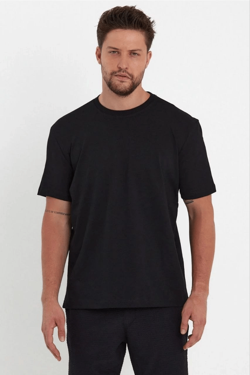 Erkek Düz T-Shirt Kısa Kol Bisiklet Yaka Regular Fit Rahat Kalıp Günlük Tişört - Siyah