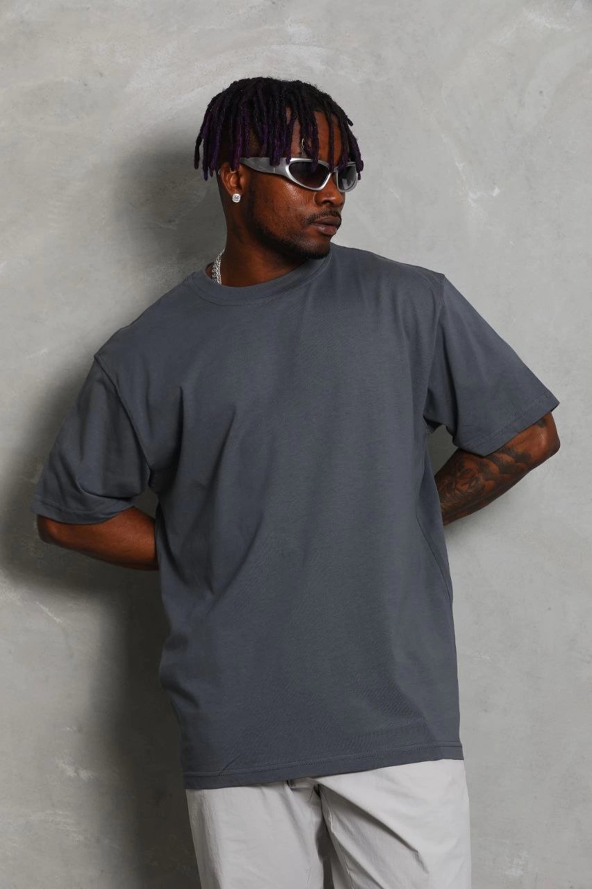 Erkek Düz Yazlık Kısa Kol Tişört Bisiklet Yaka Oversize T-Shirt - Füme