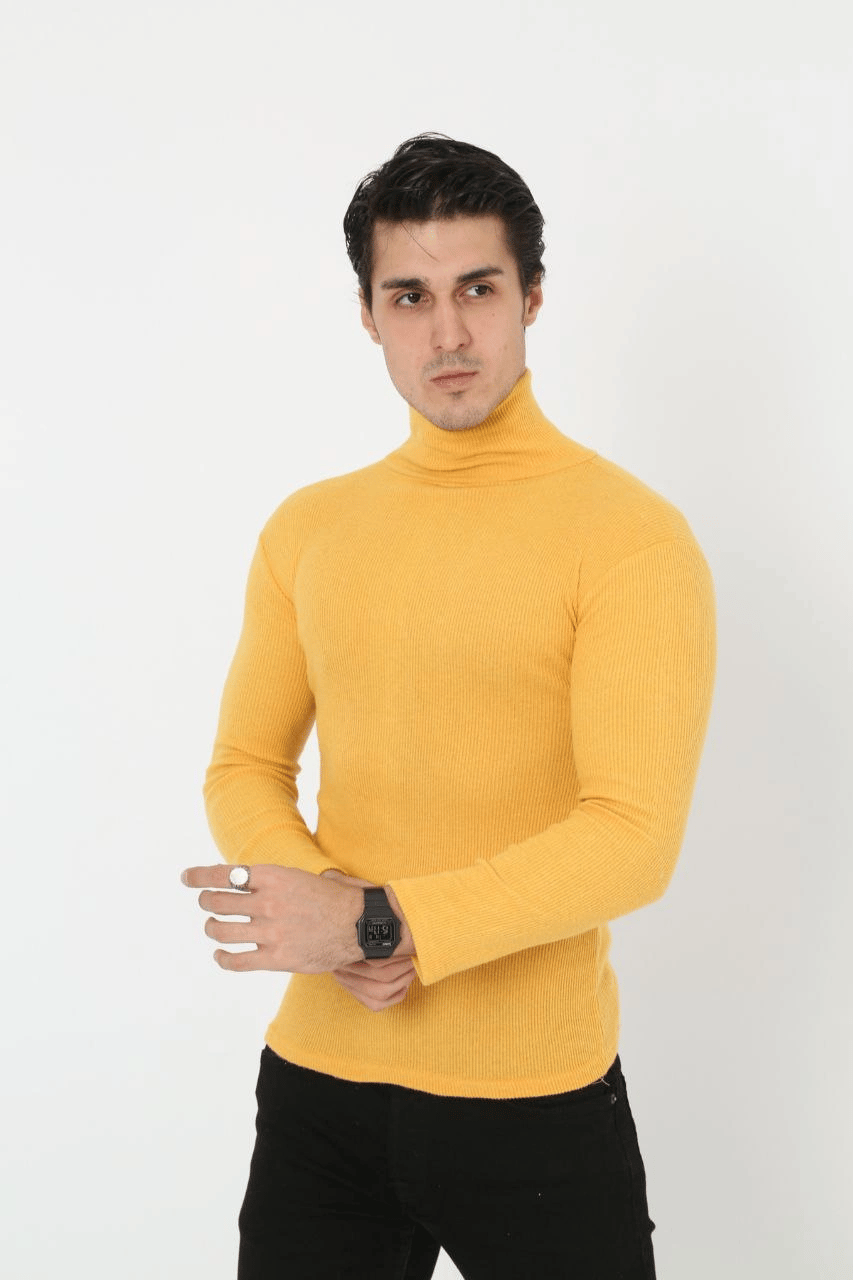 Erkek Fitilli Kaşkorse Kumaş Boğazlı Full Likralı Slimfit Body - Sarı