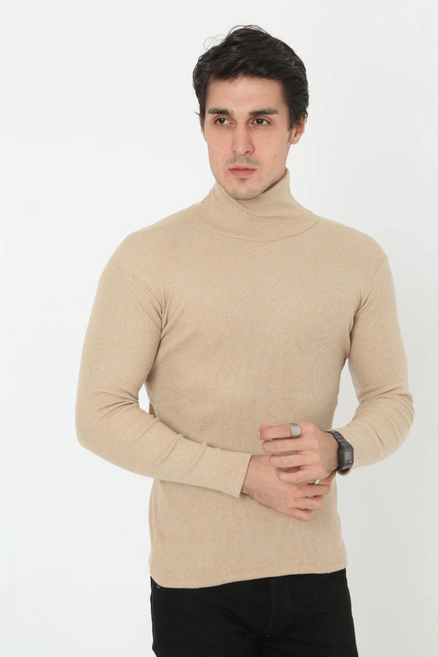 Erkek Fitilli Kaşkorse Kumaş Boğazlı Full Likralı Slimfit Body - Bej