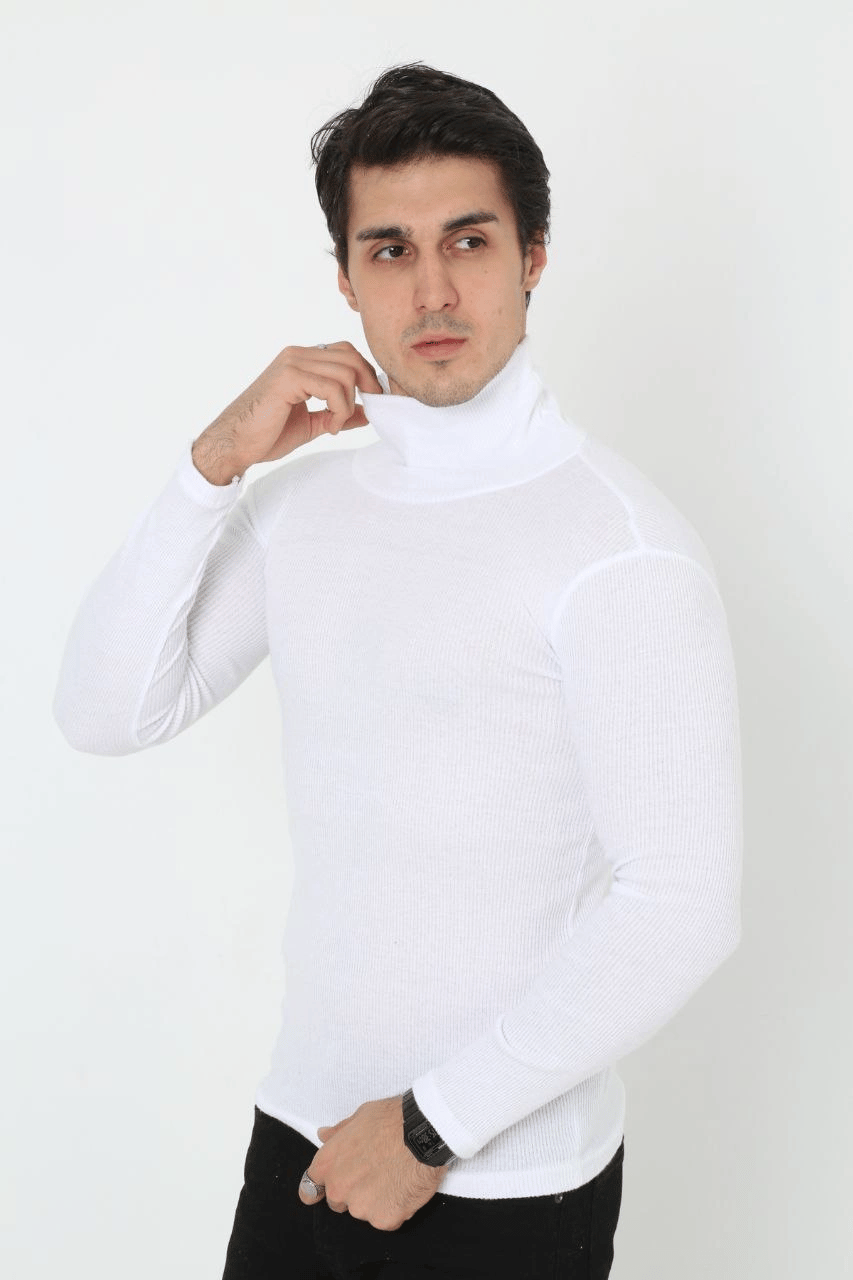 Erkek Fitilli Kaşkorse Kumaş Boğazlı Full Likralı Slimfit Body - Beyaz