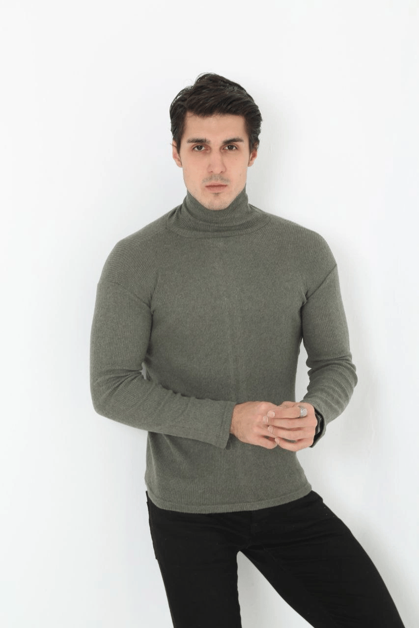 Erkek Fitilli Kaşkorse Kumaş Boğazlı Full Likralı Slimfit Body - Haki