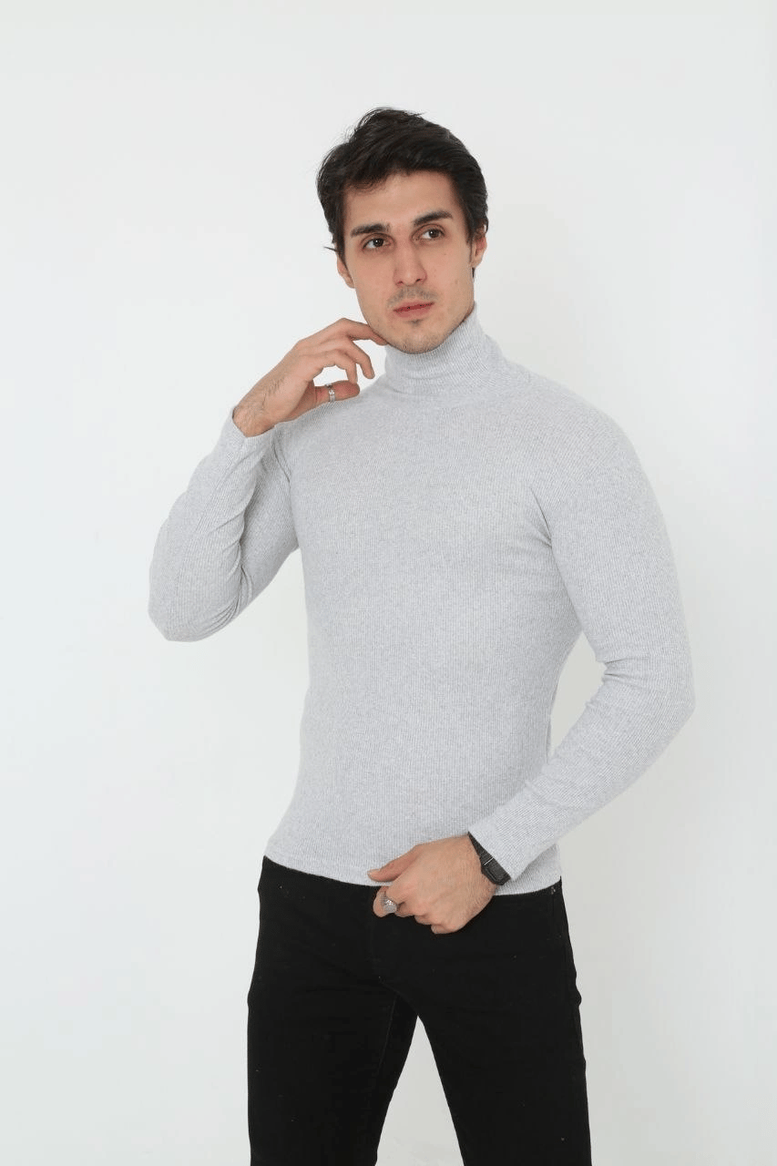 Erkek Fitilli Kaşkorse Kumaş Boğazlı Full Likralı Slimfit Body - Gri