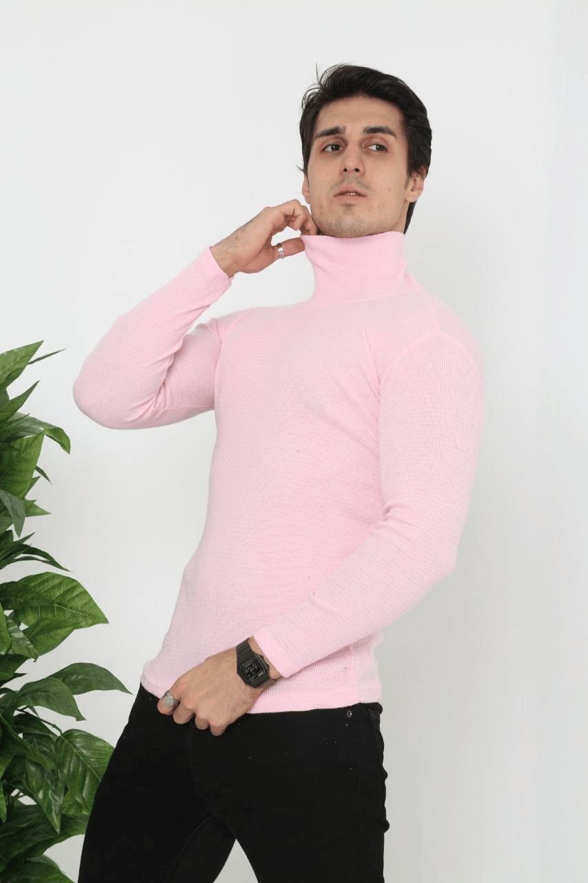 Erkek Fitilli Kaşkorse Kumaş Boğazlı Full Likralı Slimfit Body - Toz Pembe