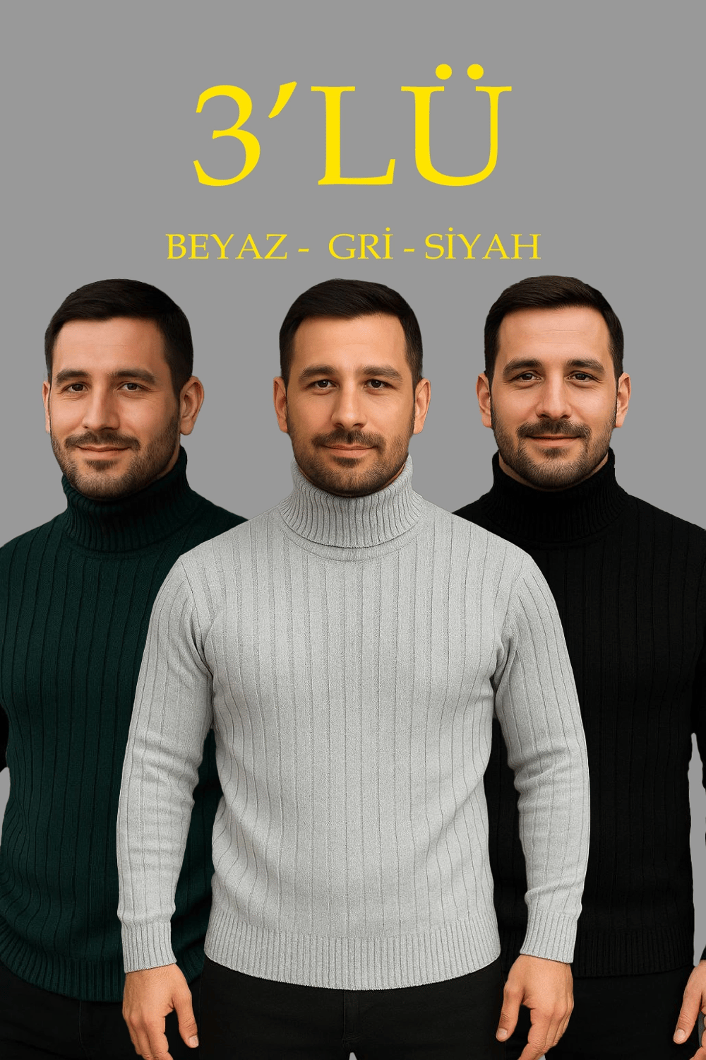 Erkek Fitilli Kazak Tam Boğazlı Balıkçı Yaka Triko 3'lü Set  Gri-Haki-Siyah