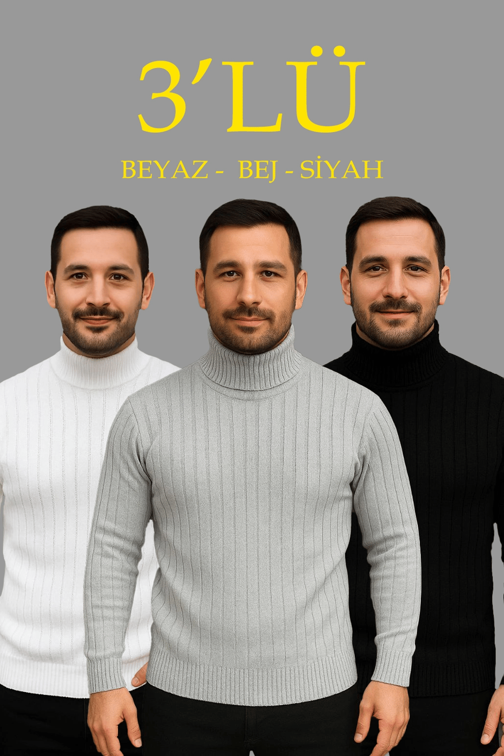 Erkek Fitilli Kazak Tam Boğazlı Balıkçı Yaka Triko 3'lü Set Beyaz-Gri-Siyah