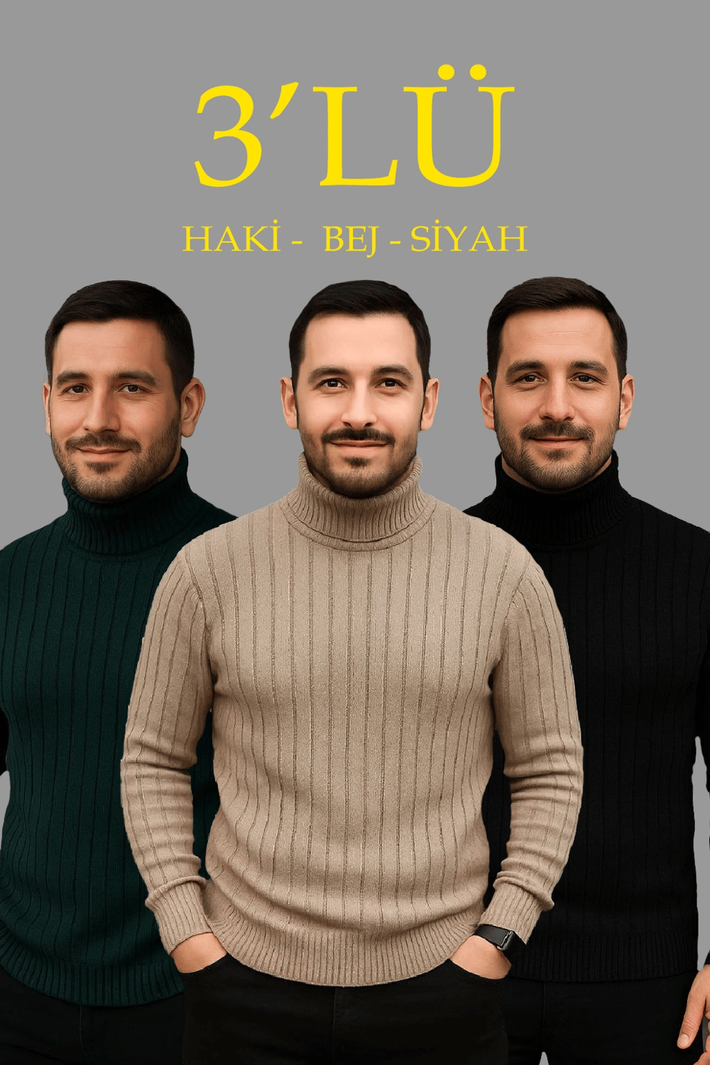 Erkek Fitilli Kazak Tam Boğazlı Balıkçı Yaka Triko 3'lü Set  Bej-Haki-Siyah