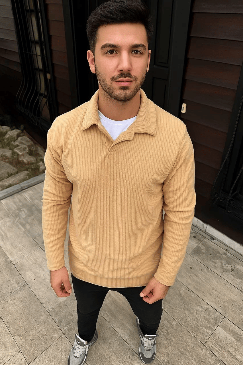 Erkek Fitilli Polar Sweatshirt Düğmesiz Yaka Oversize - Bej