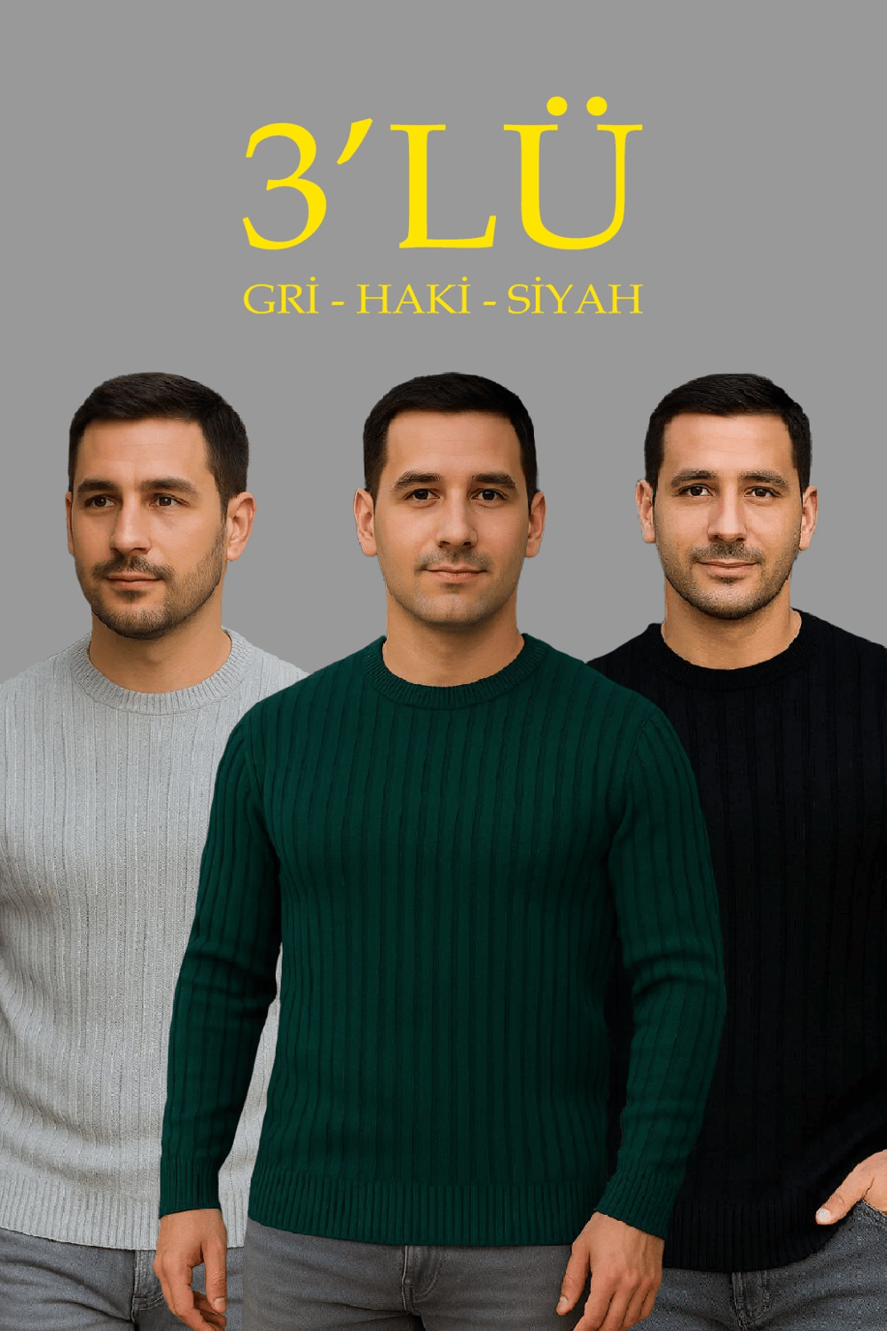 Erkek Fitilli Triko Bisiklet Yaka Kalın Kazak 3'lü Set Gri-Haki-Siyah