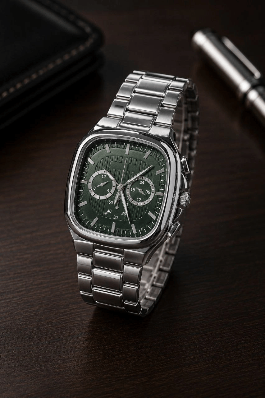 Erkek Gümüş Metal Kordon Analog Kol Saati Yeşil Kadran Takvim Göstergeli - Gümüş