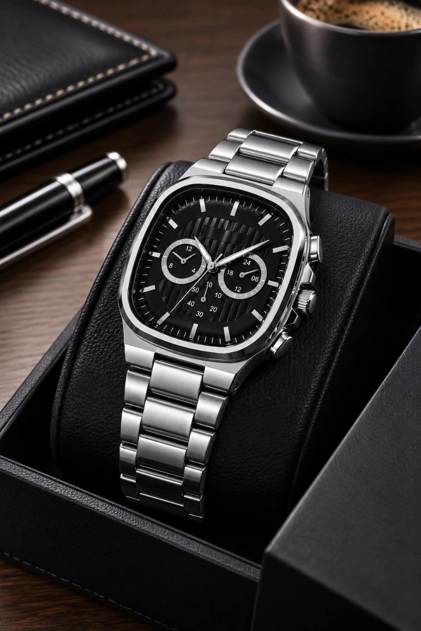 Erkek Gümüş Renk Metal Kordon Analog Kol Saati Siyah Kadran Takvim Göstergeli - Gümüş