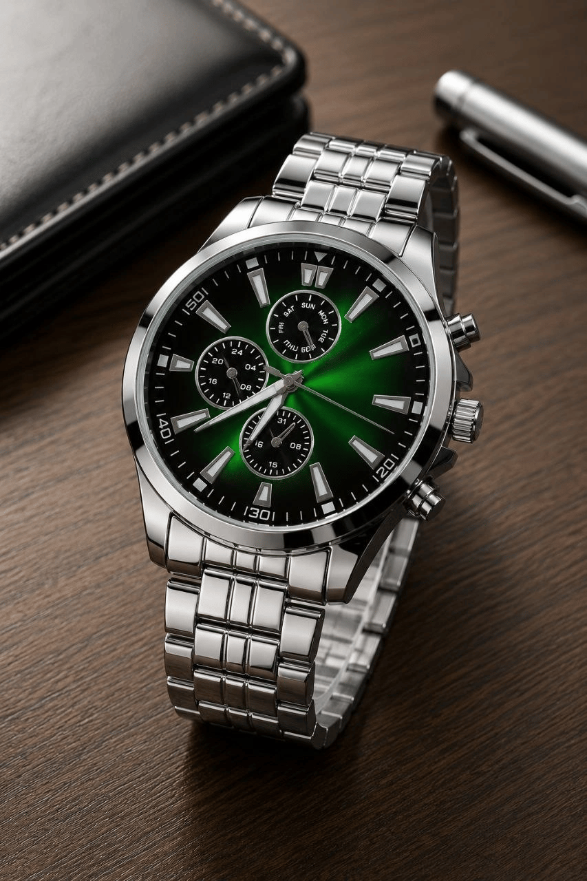 Erkek Gümüş Renk Metal Kordon Analog Kol Saati Takvim Göstergeli Yeşil Siyah Kadran - Gümüş