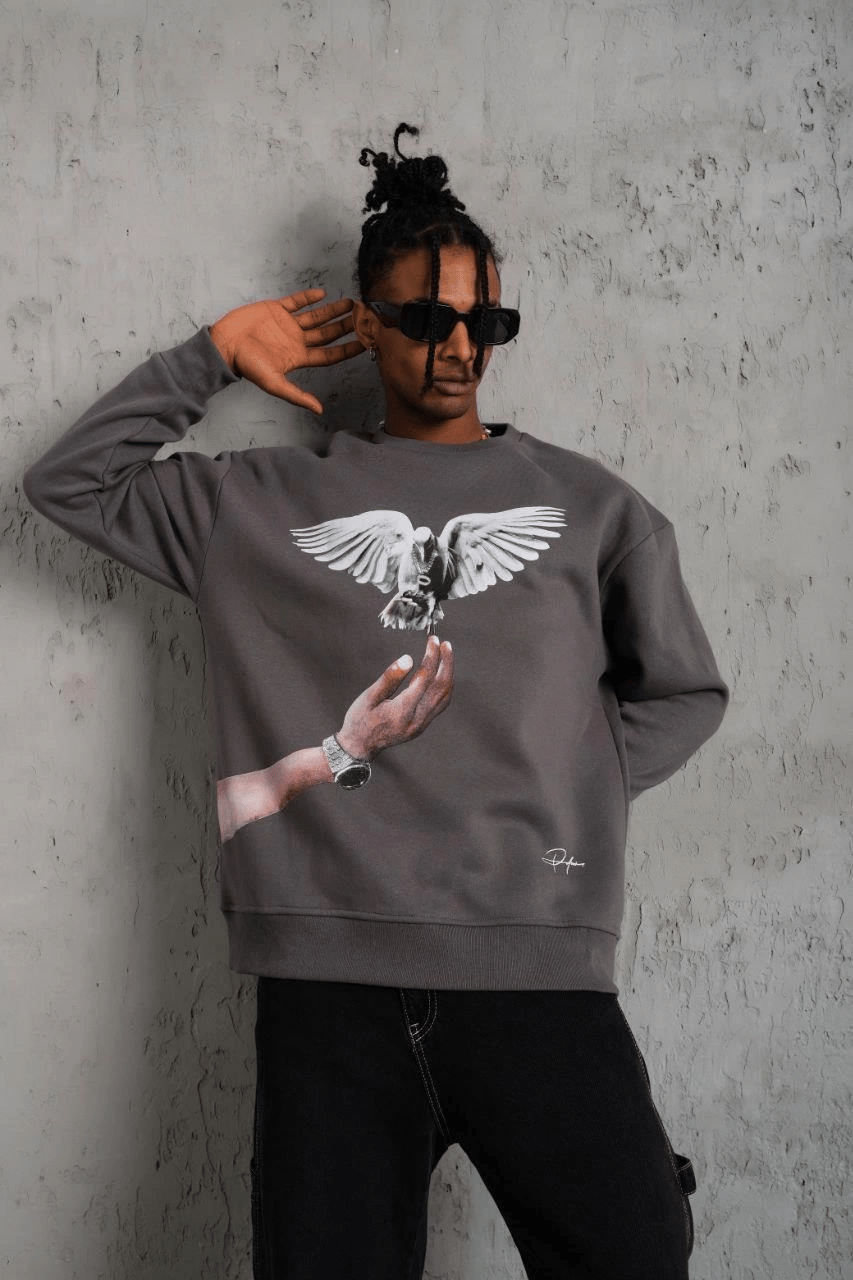 Erkek Güvercin Baskılı 3 iplik pamuklu Bisiklet Yaka Sweatshirt - Gri