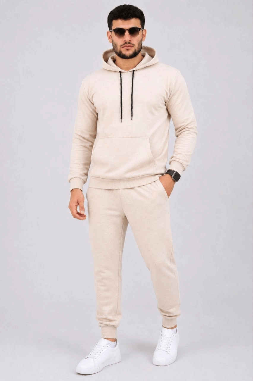 Erkek İki İplik Kapüşonlu Kanguru Cepli Sweatshirt Jogger Pantolon Alt Üst Eşofman Takımı -Bej