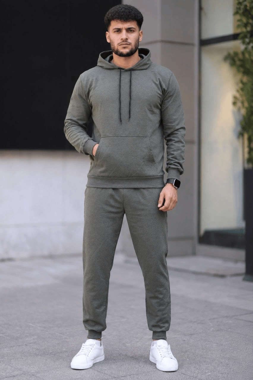 Erkek İki İplik Kapüşonlu Kanguru Cepli Sweatshirt Jogger Pantolon Alt Üst Eşofman Takımı - Haki