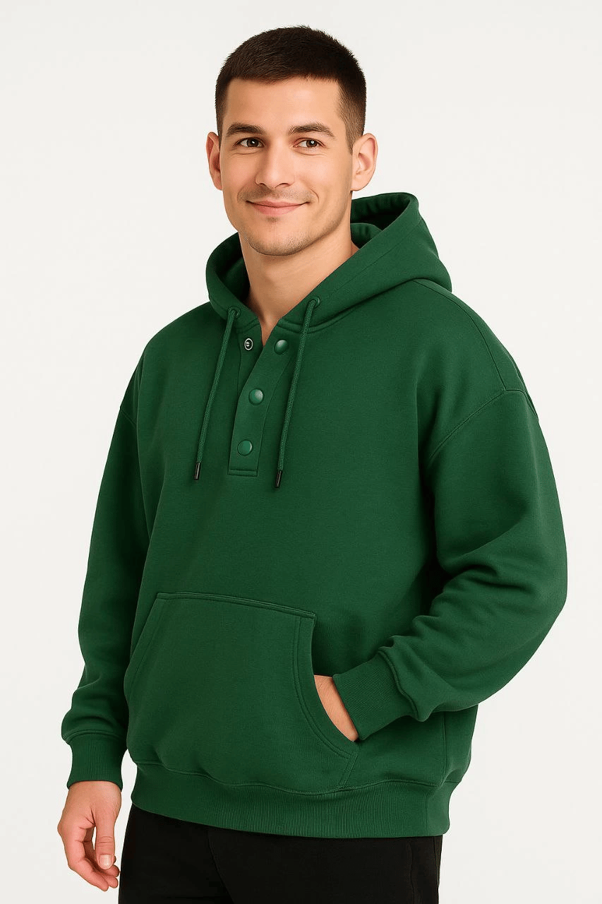 Erkek Kapüşonlu Hoodie Cepli Çıtçıtlı 3 İplik Pamuklu Sweatshirt - Haki