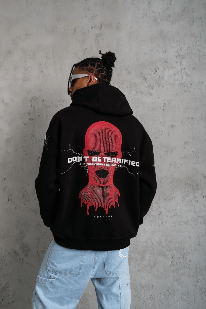 Erkek Kapüşonlu Kanguru Cepli Sweatshirt 3 İplik Pamuklu Baskılı Hoodie - Siyah