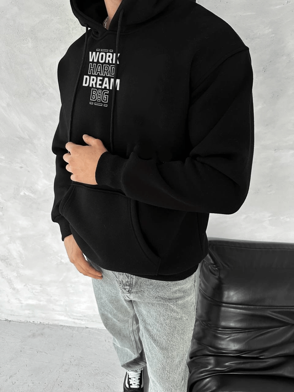 Erkek Kapüşonlu Kanguru Cepli Sweatshirt 3 İplik Pamuklu Baskılı Hoodie - Siyah