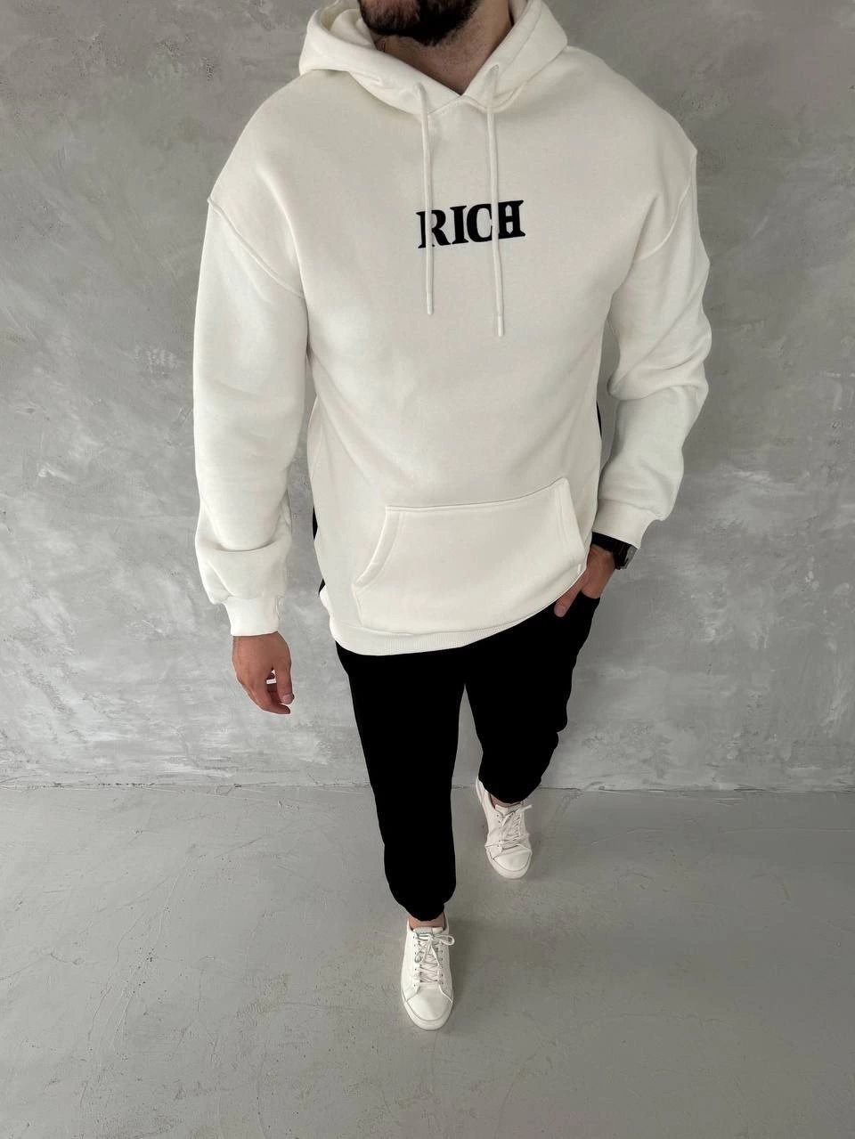 Erkek Kapüşonlu Kanguru Cepli Sweatshirt 3 İplik Pamuklu Baskılı Hoodie -  Beyaz