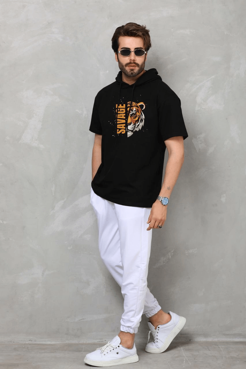 Erkek Kapüşonlu Kısa Kol Oversize Baskılı T-Shirt - Siyah