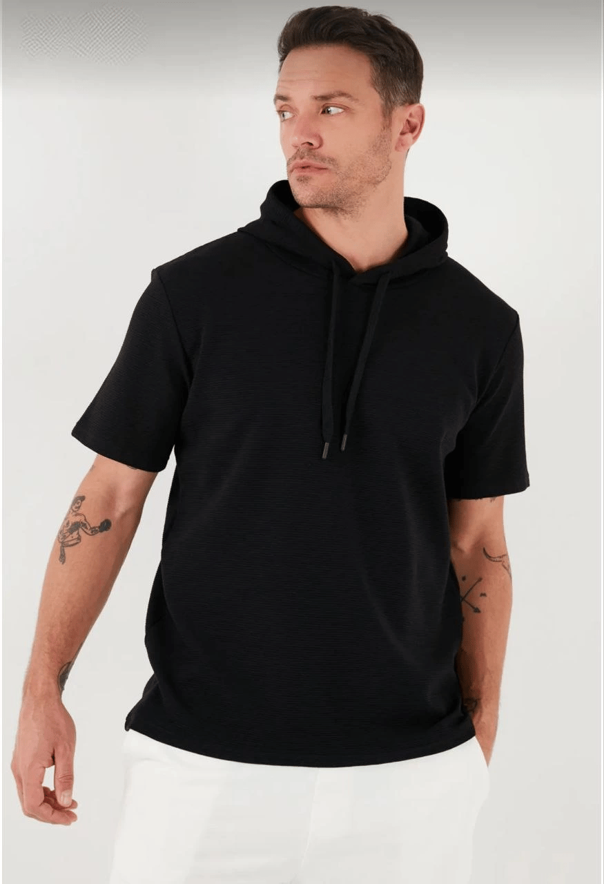 Erkek Kapüşonlu Tişört Kısa Kol Düz Oversize T-shirt - Siyah
