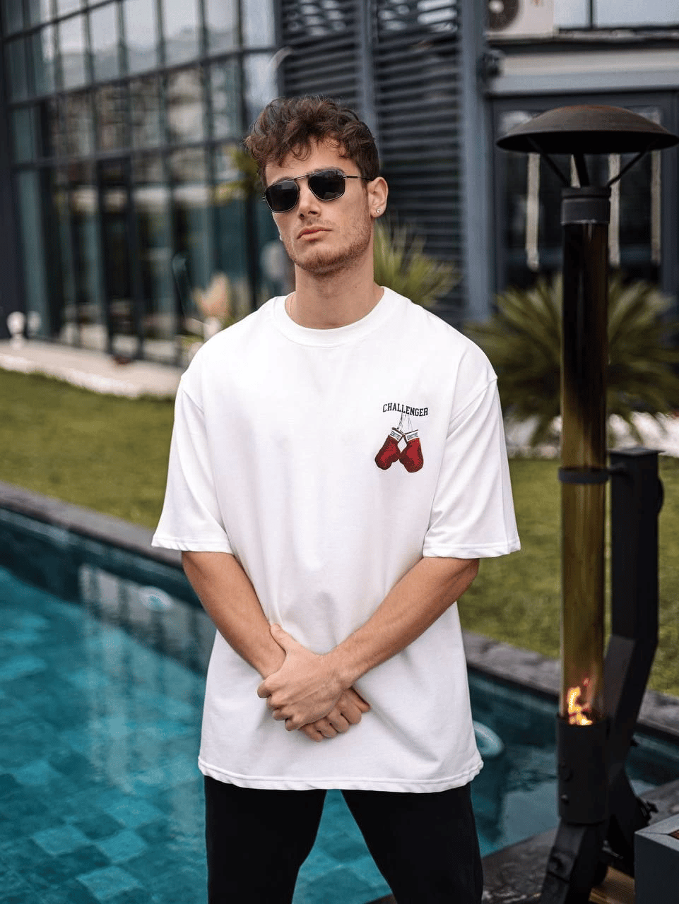 Erkek Kısa Kol Tişört Bisiklet Yaka Boxy Eldiven Baskılı T-Shirt - Beyaz