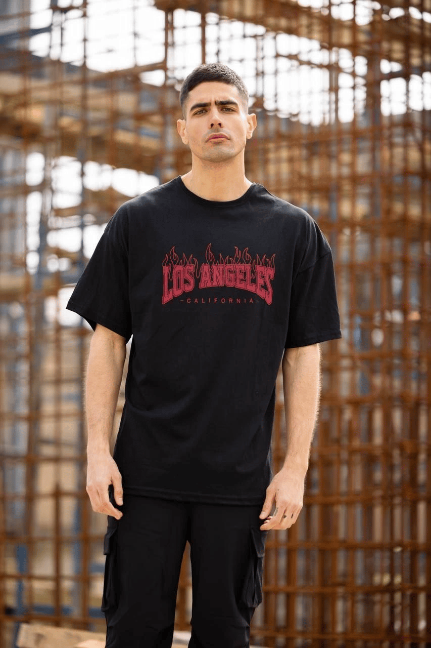 Erkek Kısa Kol Tişört Bisiklet Yaka LOS ANGELES  Baskılı T-Shirt - Siyah