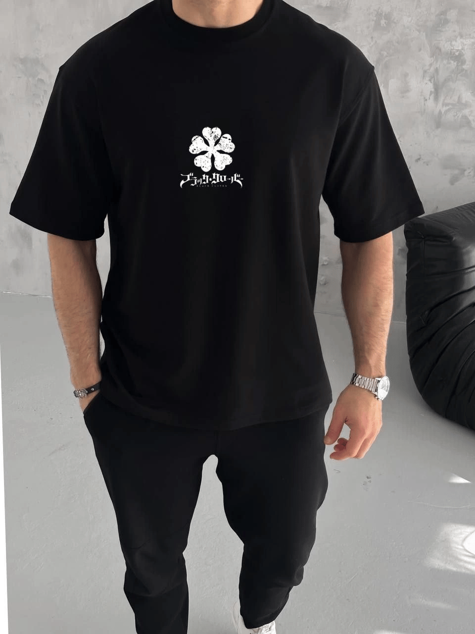 Erkek Kısa Kol Tişört Bisiklet Yaka YONCA Baskılı Oversize T-Shirt - Siyah