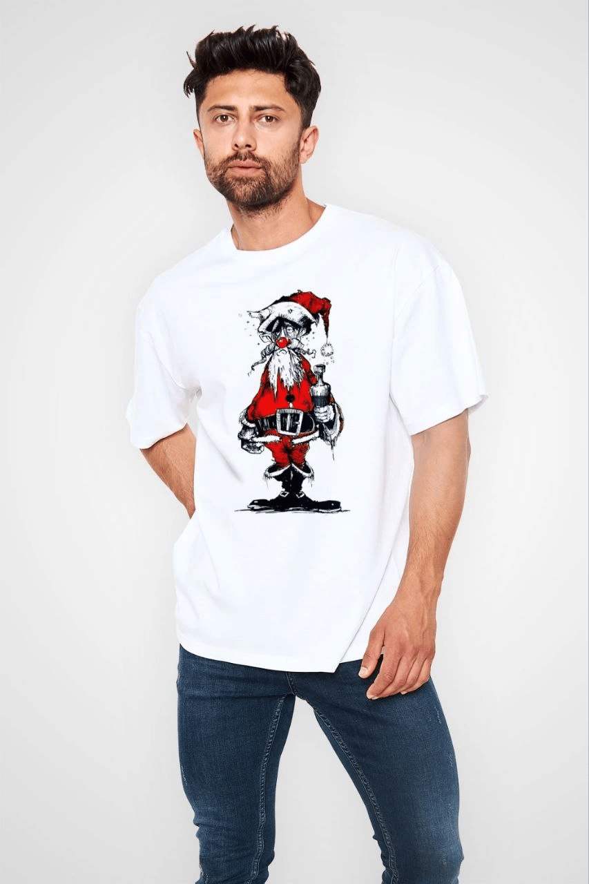 Erkek Kısa Kol Tişört Bisiklet Yaka Yeni Yıl Baskılı T-Shirt - Beyaz