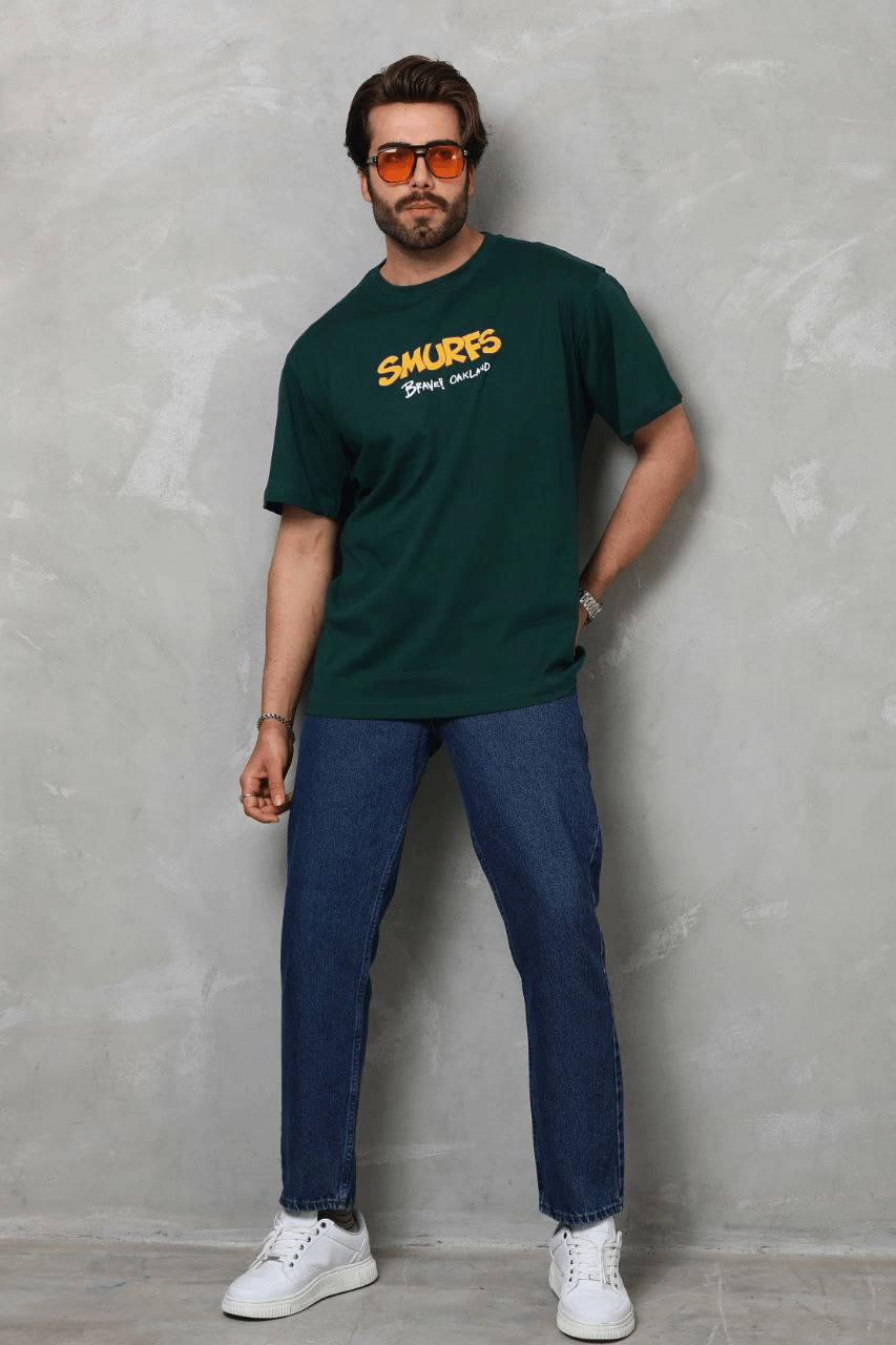 Erkek Kısa Kol Yazlık Tişört Bisiklet Yaka Baskılı Oversize T-Shirt - Yeşil