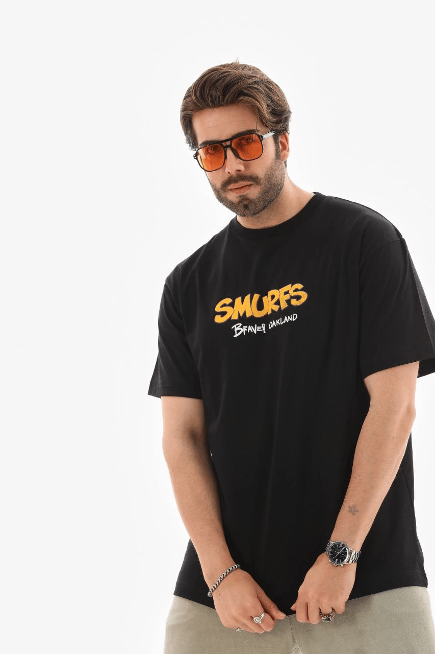 Erkek Kısa Kol Yazlık Tişört Bisiklet Yaka Baskılı Oversize T-Shirt - Siyah