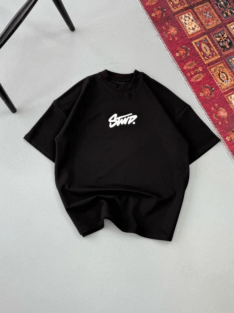 Erkek Kısa Kol Yazlık Tişört Bisiklet Yaka Baskılı Oversize T-Shirt - Siyah