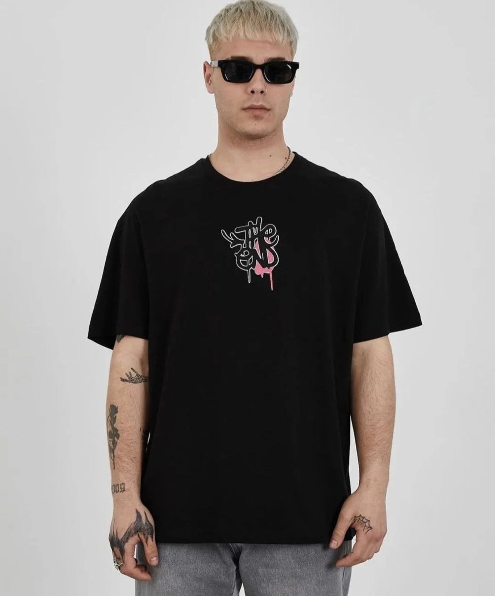 Erkek Kısa Kol Yazlık Tişört Bisiklet Yaka Baskılı Oversize T-Shirt -  Siyah