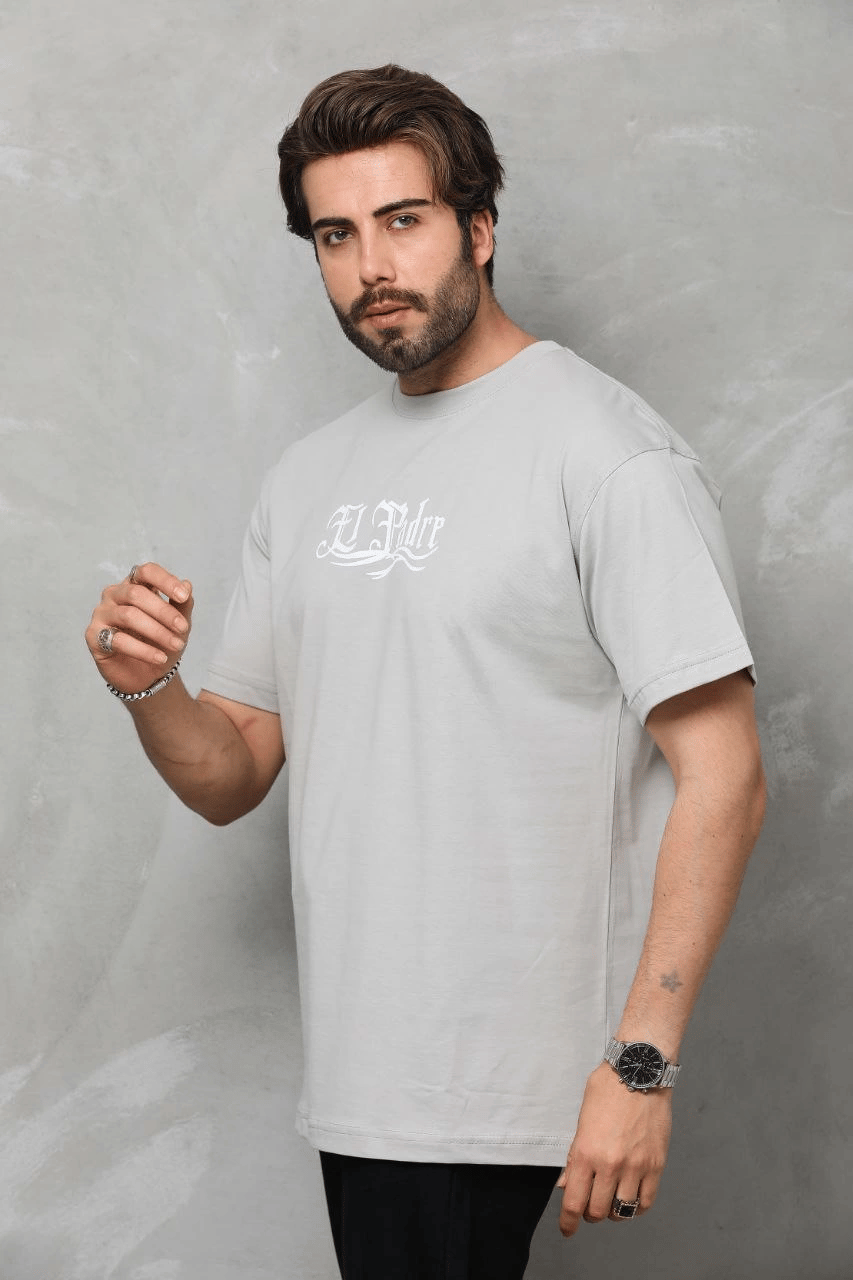 Erkek Kısa Kol Yazlık Tişört Bisiklet Yaka Baskılı Oversize T-Shirt - Gri