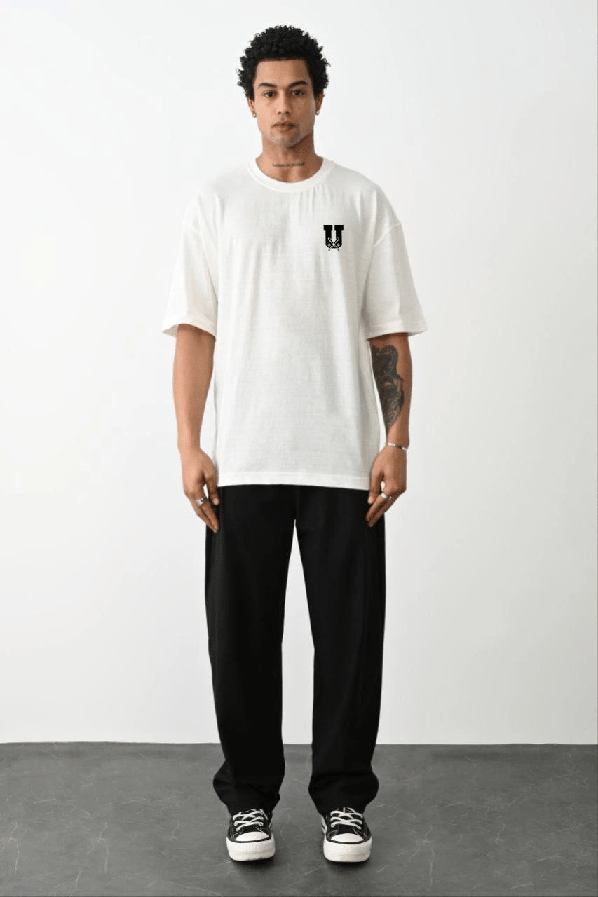 Erkek Kısa Kol Yazlık Tişört Bisiklet Yaka Baskılı Oversize T-Shirt - Beyaz