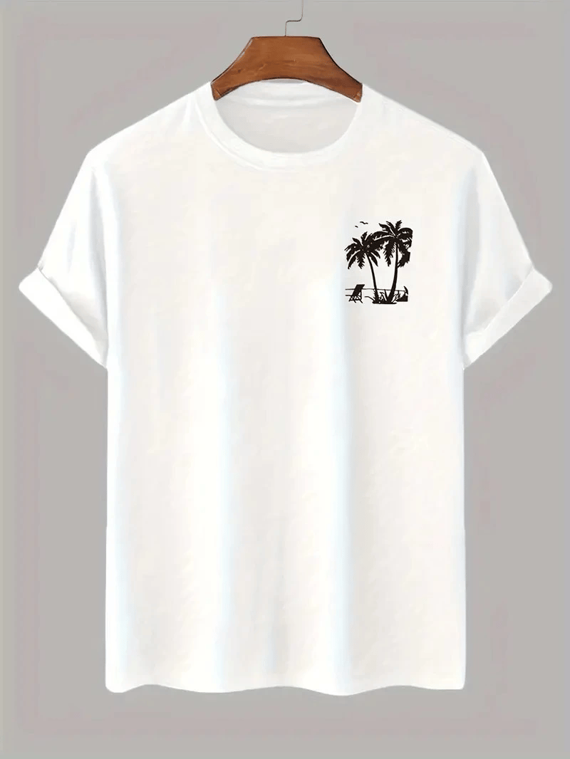 Erkek Kısa Kol Yazlık Tişört Bisiklet Yaka Palmiye Baskılı T-Shirt - Beyaz