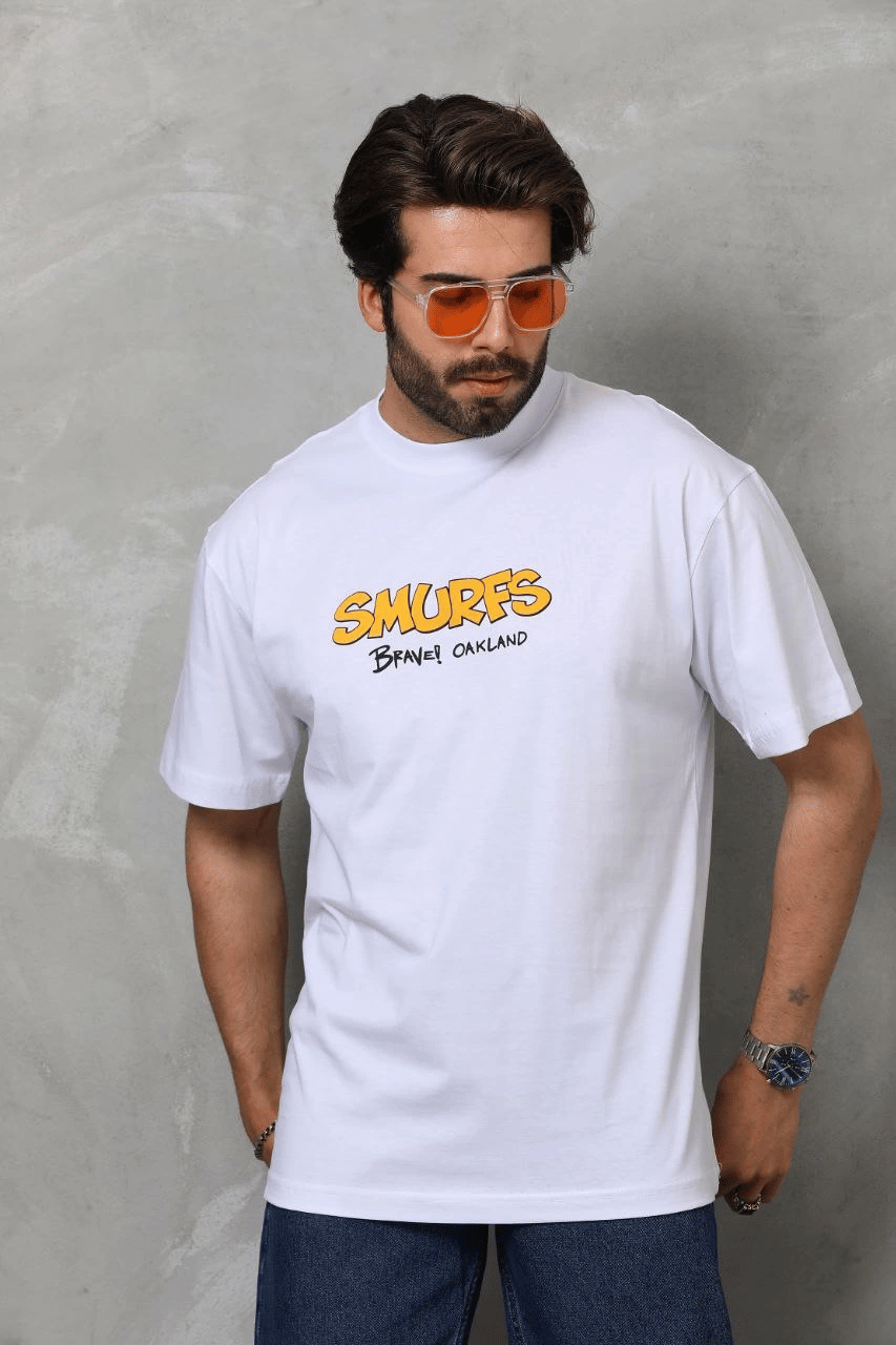 Erkek Kısa Kol Yazlık Tişört Bisiklet Yaka Baskılı Oversize T-Shirt - Beyaz