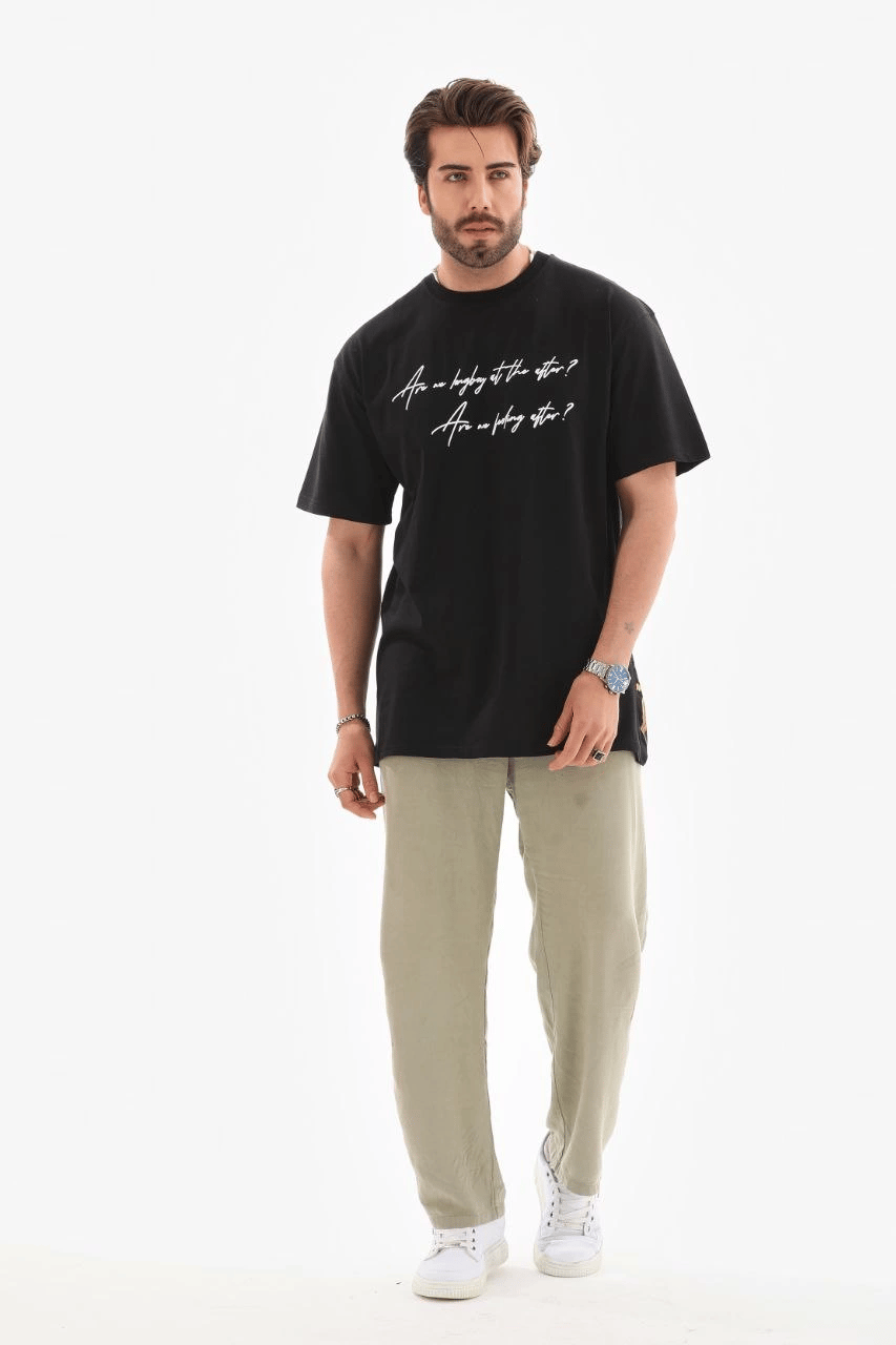 Erkek Kısa Kol Yazlık Tişört Bisiklet Yaka Baskılı Oversize T-Shirt - Siyah