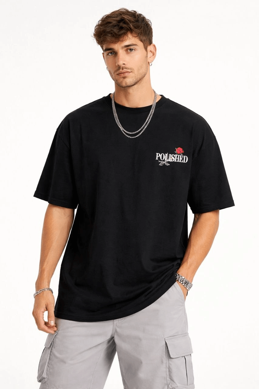 Erkek Kısa Kol Yazlık Tişört Bisiklet Yaka Baskılı Oversize T-Shirt - Siyah