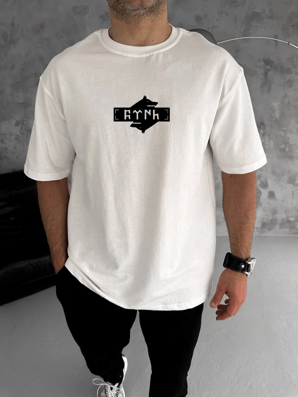 Erkek Kısa Kol Yazlık Tişört Bisiklet Yaka Baskılı Oversize T-Shirt - Beyaz