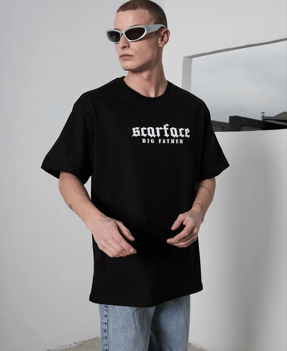 Erkek Kısa Kol Yazlık Tişört Bisiklet Yaka Baskılı Oversize T-Shirt - Siyah