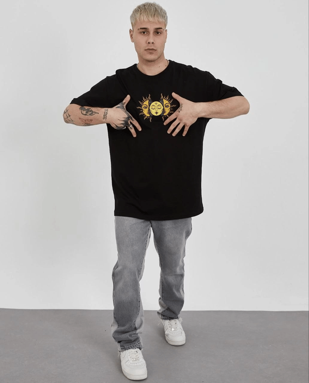 Erkek Kısa Kol Yazlık Tişört Bisiklet Yaka Baskılı Oversize T-Shirt - Siyah