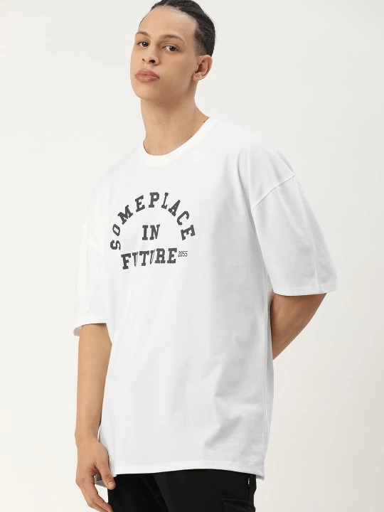 Erkek Kısa Kol Yazlık Tişört Bisiklet Yaka Baskılı Oversize T-Shirt - Beyaz